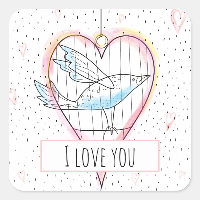 Sticker Carré Le coeur amoureux et l'oiseau de Valentine (Devant)