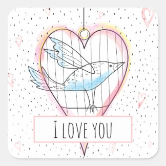 Sticker Carré Le coeur amoureux et l'oiseau de Valentine