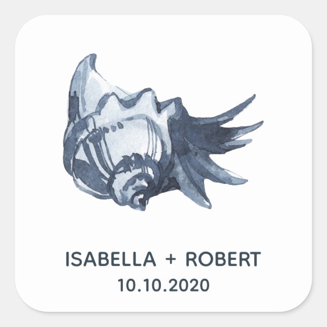 Sticker Carré Le coquillage bleu | Monogramme Mariage (Devant)