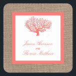 Sticker Carré Le Corail Sur Burlap Boho Beach Wedding Collection<br><div class="desc">Le corail de la collection de mariage de la plage de burlap boho est parfait pour tout couple qui planifie un mariage romantique au bord de la mer. L'arrière - plan à effet de burlap rustique donne à ces otaries d'invitation une atmosphère boho-chic, tandis que le corail tropical est la...</div>