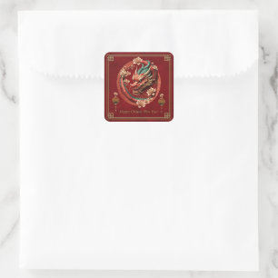 Sticker Carré Le dragon chinois rouge or vous souhaite une bonne