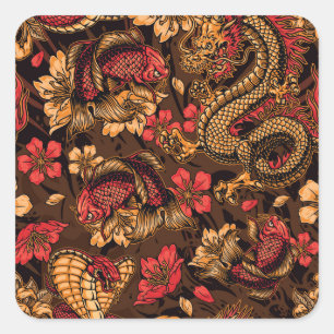 Sticker Carré Le dragon japonais koi motif.