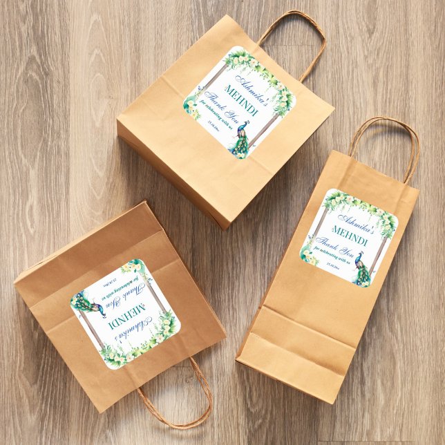 Sticker Carré Le jasmin de paon fleurit arche mariage indien meh (Peacock jasmine Indian wedding mehndi favor gift thank you stickers mehandi favor stickers)