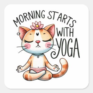 Sticker Carré "Le matin commence avec le yoga" Amusants Amoureux
