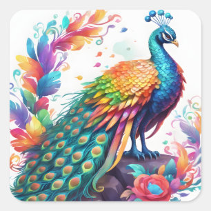 Sticker Carré Le paon est un oiseau aux couleurs vives, connu