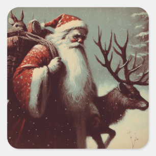Sticker Carré Le Père Noël avec Reindeer Illustration Vintage