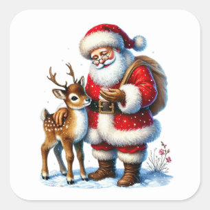 Sticker Carré Le Père Noël avec un cerf amical en neige hivernal