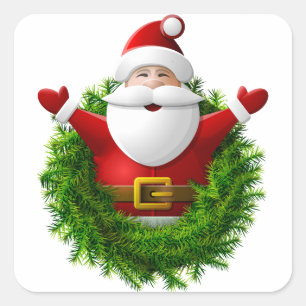 Sticker Carré Le Père Noël sort d'une couronne de Noël