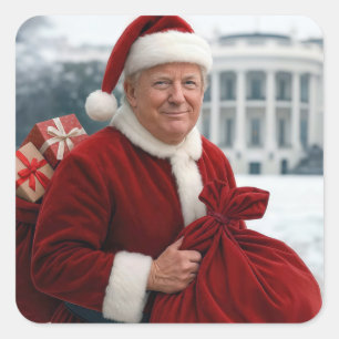 Sticker Carré Le Père Noël Trump Avec Sac Cadeau Rouge