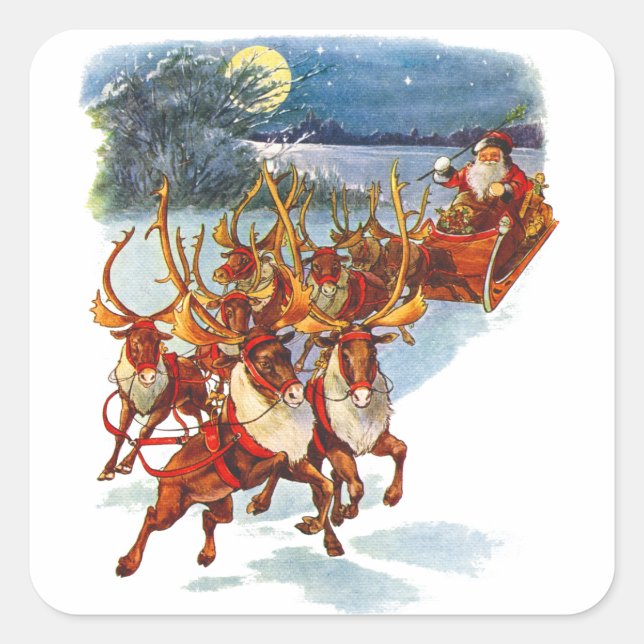 Sticker Carré Le Père Noël Volant Avec Son Reindeer Drapeau Guid (Devant)