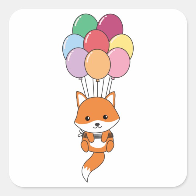 Sticker Carré Le Renard S'Envole Avec Des Ballons Colorés (Devant)