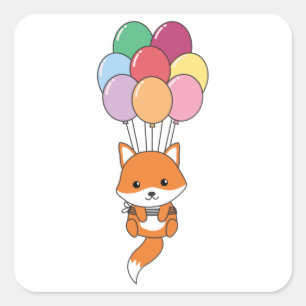 Sticker Carré Le Renard S'Envole Avec Des Ballons Colorés