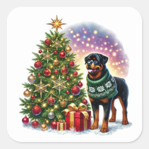 Sticker Carré Le Rottweiler de Noël par l'arbre festif