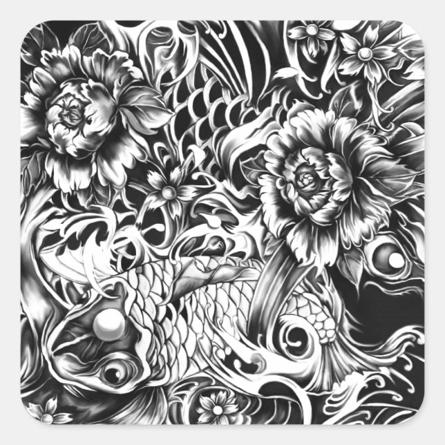 Sticker Carré Le tatouage japonais Koi noir et blanc. (Devant)