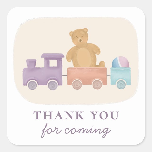 Sticker Carré Le train des jouets. Baby shower merci d'être venu (Devant)