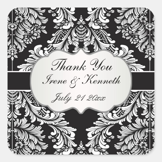 Sticker Carré Leafy Damask blanc sur noir Mariage en faveur (Devant)