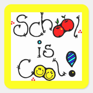 STICKER CARRÉ L'ÉCOLE EST COOL AMUSANT COLORÉ HEUREUX VISAGES