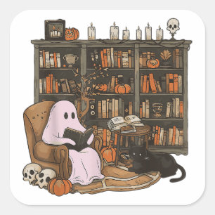 Sticker Carré Lecteur fantôme Livre Amateur de chats Halloween 