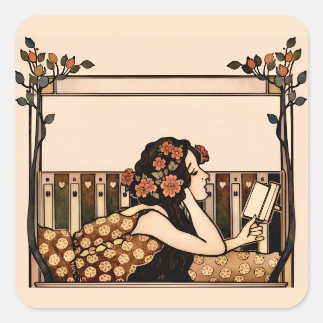 Sticker Carré Lecteur vintage Art Nouveau (Devant)