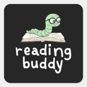 Sticker Carré Lecture de Buddy Cute Bookwort avec livre