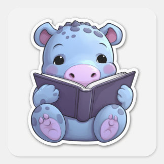 Sticker Carré Lecture Hippo mignonne