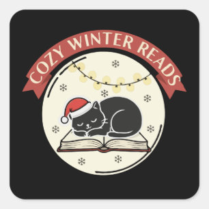 Sticker Carré Lectures Cosy d'Hiver Chaton de Noël Adorables Ama