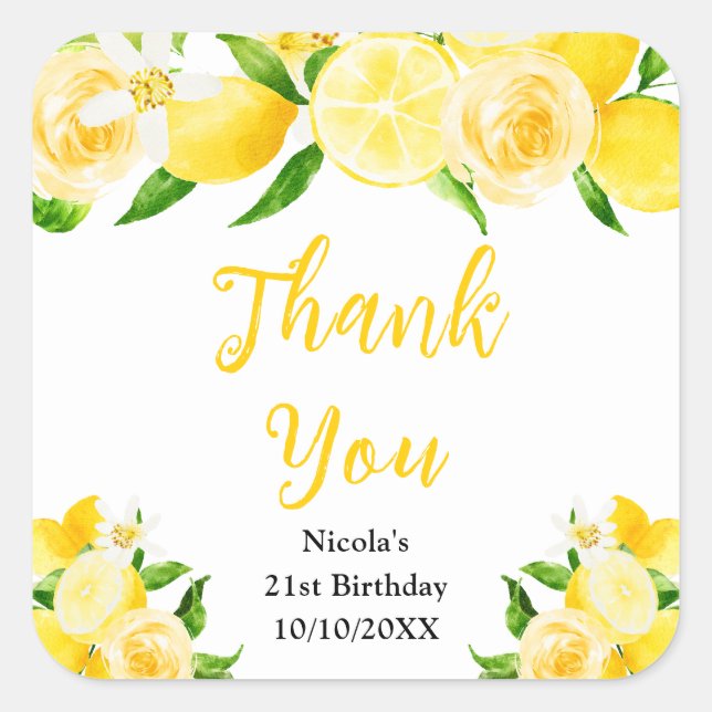 Sticker Carré Lemons and Foliage Birthday Thank You (Devant)