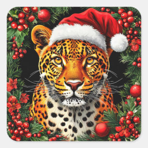 Sticker Carré Léopard de fête portant un chapeau de Père Noël