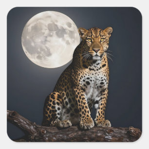 Sticker Carré Léopard majestueux et pleine lune  