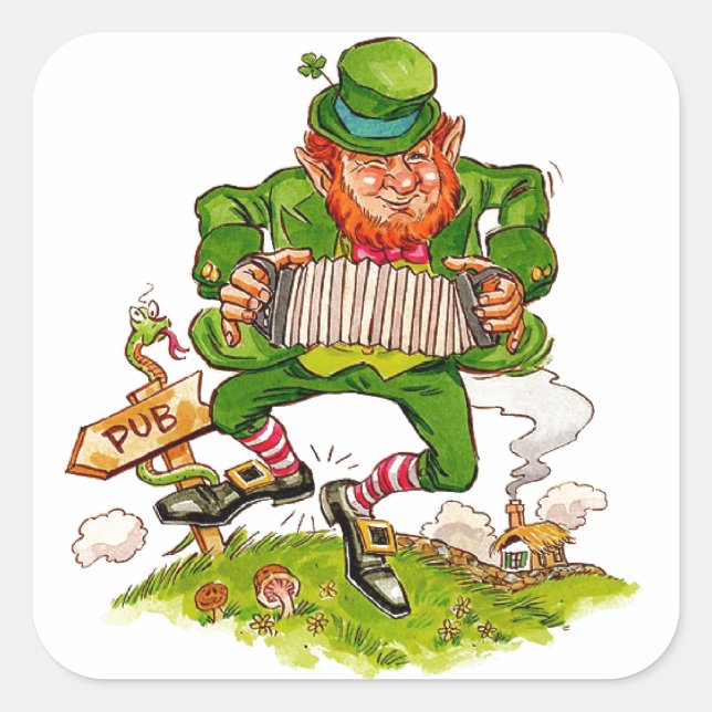 Sticker Carré Leprechaun Dancing a Jig, Bonne St. Patrick's Day (Devant)