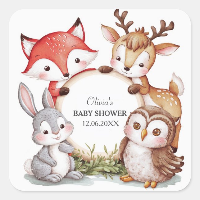 Sticker Carré Les animaux des bois Baby shower mignon (Devant)