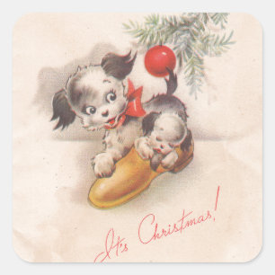 Sticker Carré Les années 1940 Vintage ses Chiens de Noël