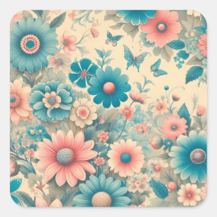 Sticker Carré les années 70 Vintage prairie bleu et rose florale