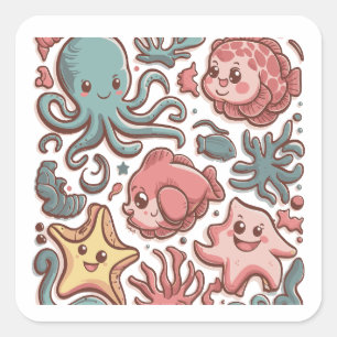Sticker Carré Les Créatures Mer Cute