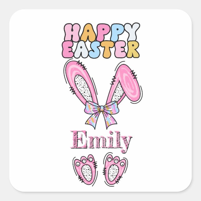 Sticker Carré Les filles personnalisent Happy Bunny Pâques rose (Devant)