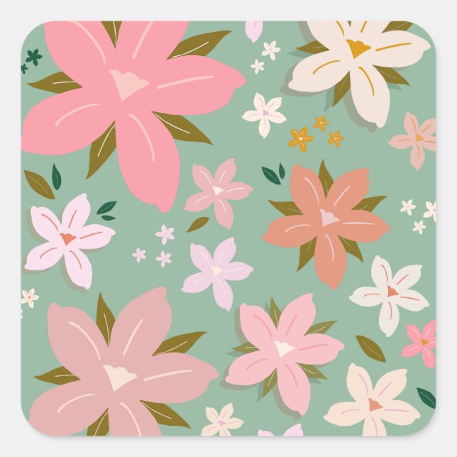 Sticker Carré Les Fleurs 07 Fleurs Abstraites Vert Blush Floral (Devant)