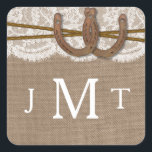 Sticker Carré Les sceaux de la collection Rustic Horseshoe Maria<br><div class="desc">La collection rustique horseshoe est un design étonnant avec un bel arrière - plan rustique effet burlap avec un ensemble romantique vintage effet dentelle blanche finie avec deux horseshoes et ficelles entrelacées de chance. Ces autocollants peuvent être personnalisés pour votre occasion spéciale et feraient la décoration parfaite pour vos annonces....</div>