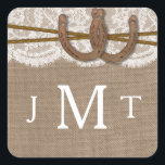 Sticker Carré Les sceaux de la collection Rustic Horseshoe Maria<br><div class="desc">La collection rustique horseshoe est un design étonnant avec un bel arrière - plan rustique effet burlap avec un ensemble romantique vintage effet dentelle blanche finie avec deux horseshoes et ficelles entrelacées de chance. Ces autocollants peuvent être personnalisés pour votre occasion spéciale et feraient la décoration parfaite pour vos annonces....</div>