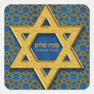 Sticker Carré L'étoile d'or de David Bleu Hébreu Shabbat Shalom