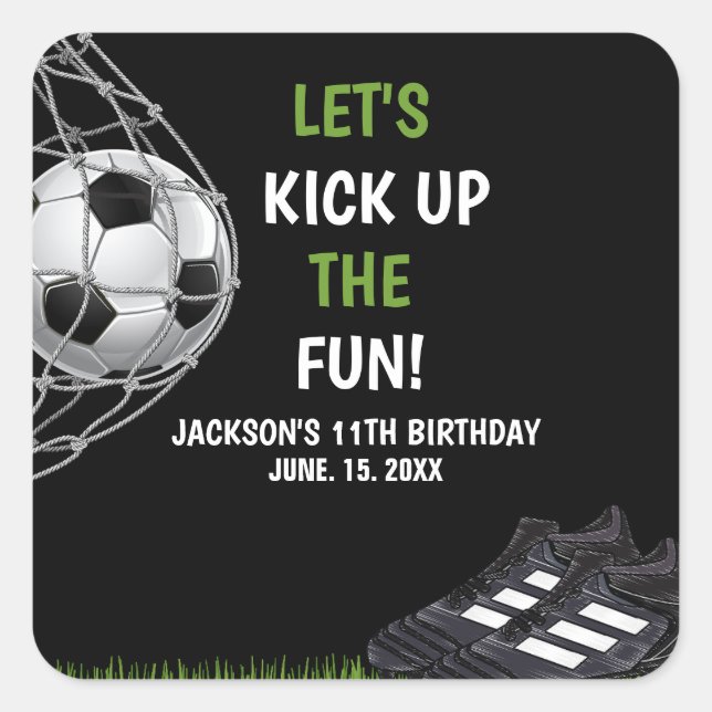Sticker Carré Let's Kick up the fun!, Fun Soccer Birthday (Devant)