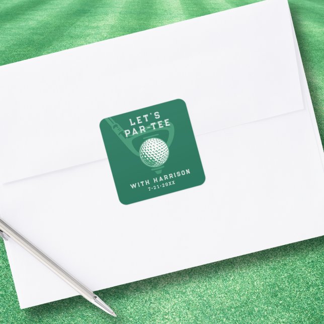Sticker Carré Let's Par-tee Golf Theme Birthday Green (Personalize with name & party date.)