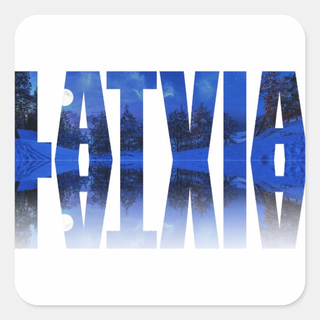 Sticker Carré Lettonie hiver nuit texte avec réflexion (Devant)