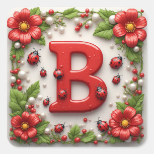 Sticker Carré 🐞 Lettre B coccinelles rouges Pavots Perles