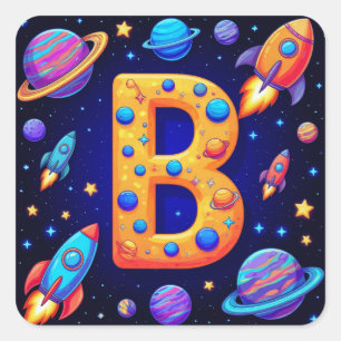 Sticker Carré 🚀 Lettre B de l'espace Fusées Planètes Étoiles En