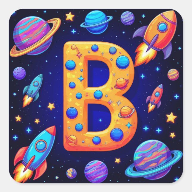 Sticker Carré 🚀 Lettre B de l'espace Fusées Planètes Étoiles En (Devant)