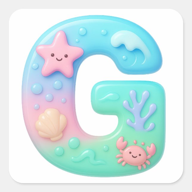 Sticker Carré Lettre bulle mignonne "G" - Créature marine sous-m (Devant)
