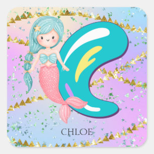 Sticker Carré Lettre C Monogramme Aquarelle mignonne Sirène