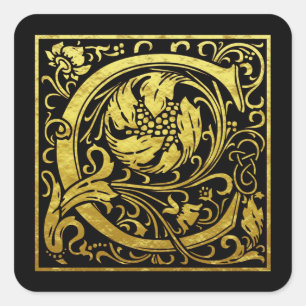 Sticker Carré Lettre C Première Lettre Faux Or Noir