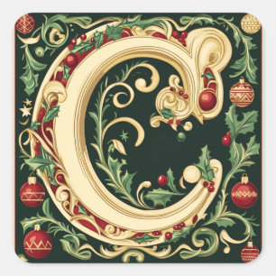 Sticker Carré Lettre crème et or C avec la verdure de Noël