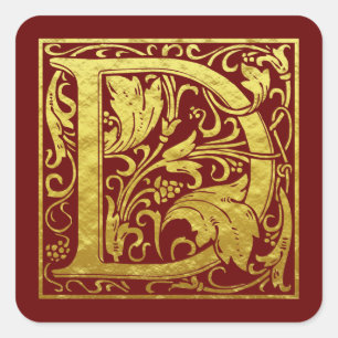 Sticker Carré Lettre D Première Lettre Faux Or Rouge